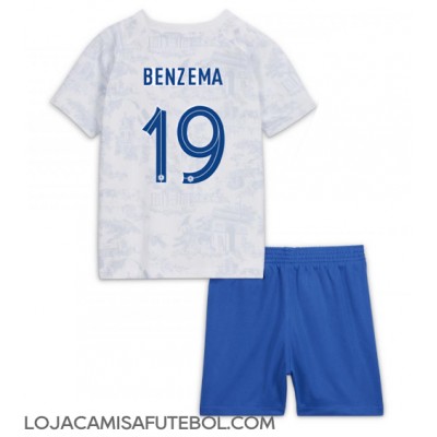 Camisa de Futebol França Karim Benzema #19 Equipamento Secundário Infantil Mundo 2022 Manga Curta (+ Calças curtas)